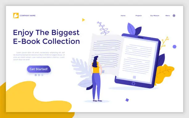 Vector illustration of Landing page template with woman standing in front of giant electronic book. Concept of e-book, portable device or gadget for reading, digital reader. Modern flat vector illustration for webpage.