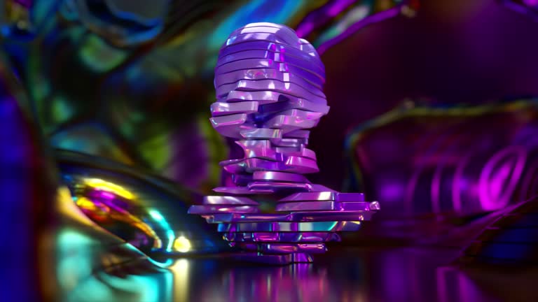 AI concept. Model of a human head with rotating parts in the middle of a metal room. Multicolored metal surface. Rainbow