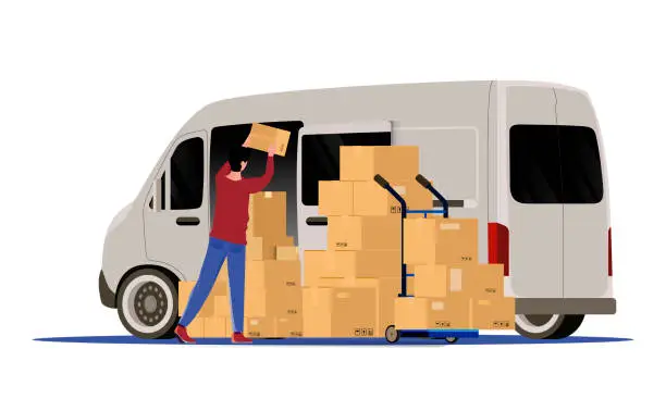 Vector illustration of Seal the package with sticky tape. Package Express.Delivery person with cargo van