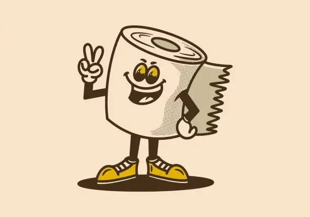 Vector illustration of Mascot character of a standing tissue roll with hands forming a peace symbol