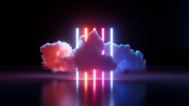 istock 3d render, abstract minimalist background. Neon vertical lines and glowing colorful cloud. Stormy cumulus. Futuristic wallpaper 1472757916