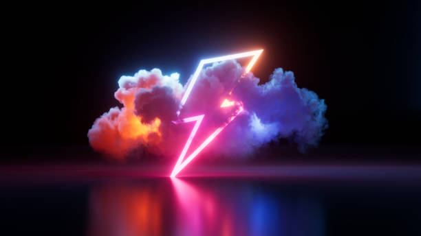 istock 3d render, abstract minimalist background. Colorful cloud and neon lightning symbol. Stormy cumulus with glowing thunder sign 1472757931