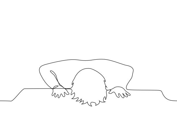 ilustraciones, imágenes clip art, dibujos animados e iconos de stock de el hombre puso su cabeza y palmas sobre la mesa, un vector de dibujo de línea. el concepto de fatiga, inconsolabilidad, desesperación - avergonzamiento