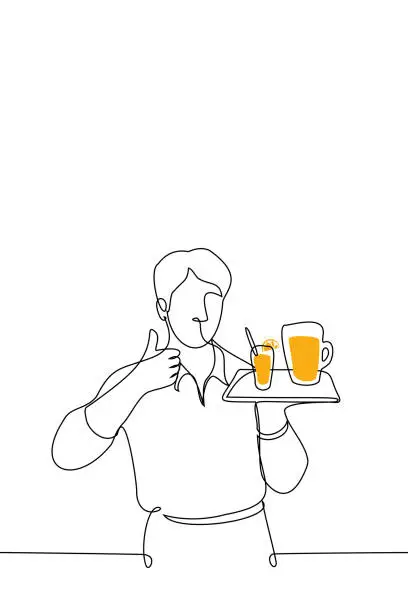 Vector illustration of male waiter stands with tray on which there is decanter and glass filled with orange juice with his free hand he points finger up - one line drawing vector. concept of natural juice, healthy food