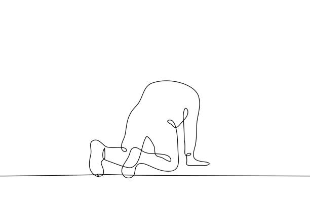 ilustrações de stock, clip art, desenhos animados e ícones de man standing on all fours - one line drawing vector. the concept of emotional emptiness, suffering, vomiting - forgiveness