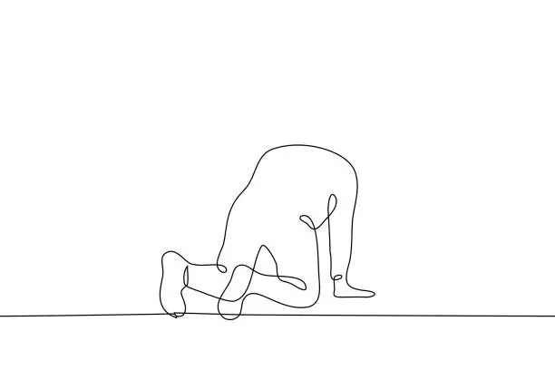 Vector illustration of man standing on all fours - one line drawing vector. the concept of emotional emptiness, suffering, vomiting