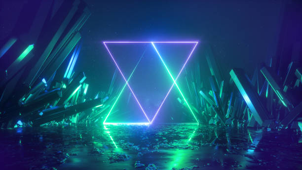 istock 3d render, abstract futuristic background with cosmic terrain, crystals and glowing geometric shape. Fantastic neon wallpaper 1472759027