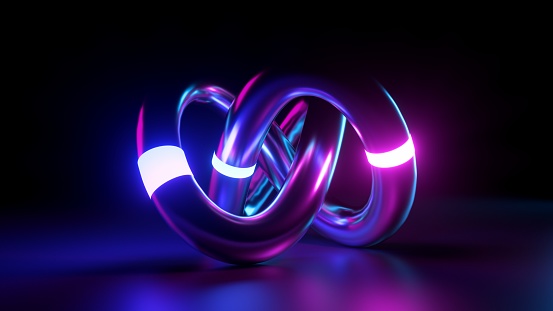 3d render, abstract futuristic background, tangled tube shape glowing with pink blue neon light