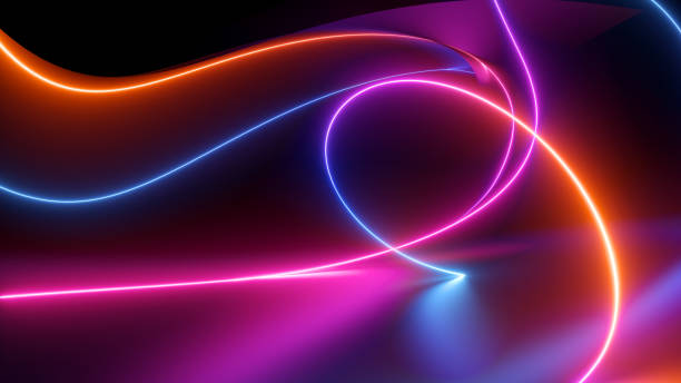 istock 3d render, abstract black background with pink blue neon lines glowing in ultraviolet spectrum, modern wallpaper 1472759041