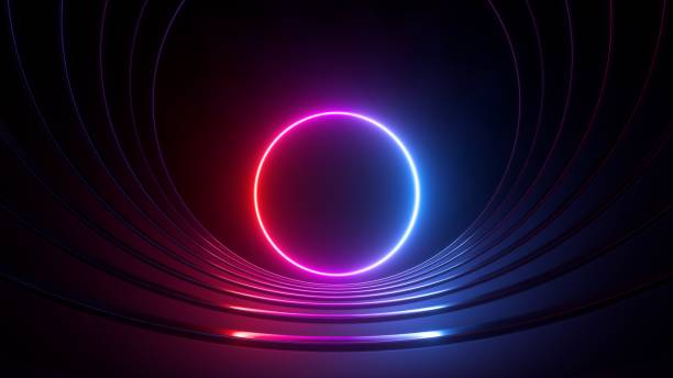 istock 3d render, abstract simple geometric background with glowing neon round shape. Red pink blue laser ring inside the dark tunnel 1472759092