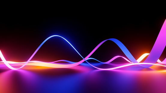 simple abstract background with colorful neon wavy ribbons, glowing in ultraviolet spectrum light
