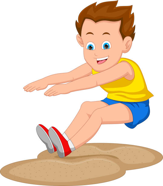 мультяшный мальчик прыжок в длину - school sport high up long jump stock illustrations