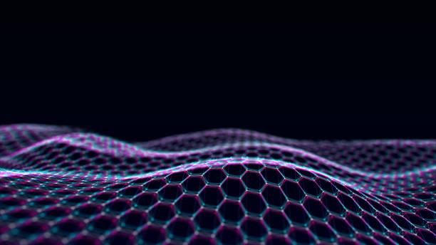 istock Futuristic hexagon wave. Dark cyberspace. Abstract wave with dots and line. White moving particles on background. 3d rendering. 1472761056