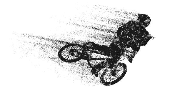 illustrazioni stock, clip art, cartoni animati e icone di tendenza di silhouette astratta di un pilota bmx, l'uomo sta facendo un trucco, isolato su sfondo bianco. trasporto sportivo ciclistico. illustrazione vettoriale - bmx cycling bicycle cycling sport