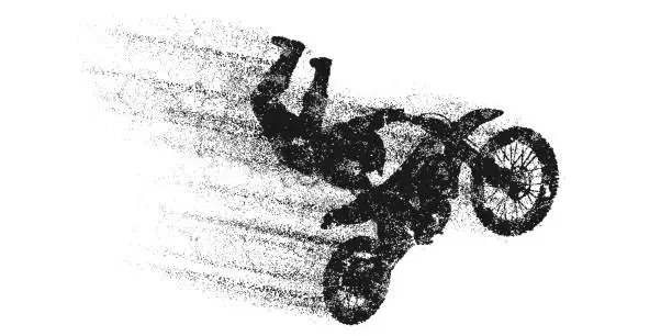 Vector illustration of Abstract silhouette of a motocross rider, man is doing a trick, isolated on white background. Enduro motorbike sport transport. Vector illustration