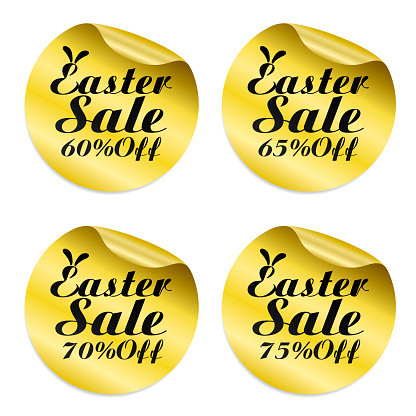 Easter Sale gold sticker set. Sale 60%, 65%, 70%, 75% off. Vector illustration