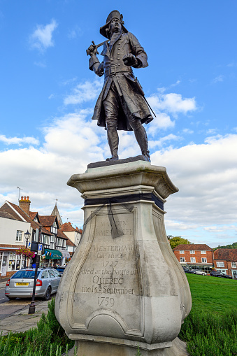 A statue of Major General James Wolfe on The Green in Westerham, Kent, UK. James Wolfe died at the battle of Quebec.