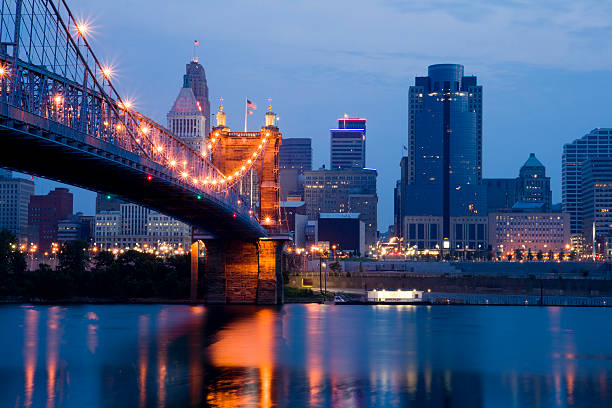 Cincinnati skyline and Roebling Suspension Bridge shortly before sunrise.