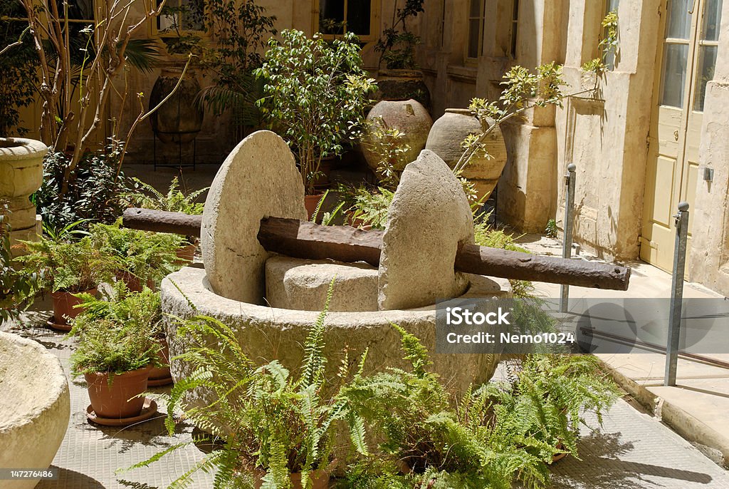 Grinding Stone Dual rotating grinding stone - Maltese style. Surrounded by ferns. Malta Stock Photo