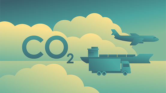 The largest source of CO2 emissions - the transportation sector. Truck, bulker ship and airplane in a cloud of exhaust pollution.