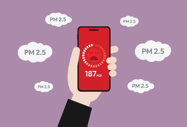 stockillustraties, clipart, cartoons en iconen met particulate pollution with pm 2.5 checker - air quality