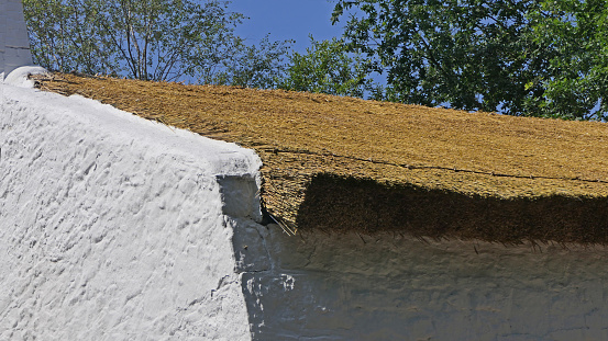 Old Irish Traditional Whitewashed Cottage with a thatched roof on a Farm in Ireland