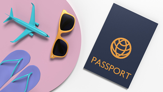 An airplane with a passport and summer accessories about to take off on white background. Summer and holiday travel concept. Easy to crop for all your social media and print size.