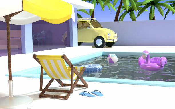 istock Retro Summer Holiday Villa with Swimming Pool Scene 1472768833