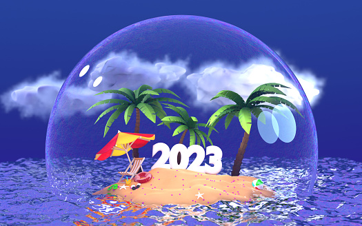 Summer vacation figures in 2023 on deserted island under the dome. Summer and holiday travel concept. Easy to crop for all your social media and print size.