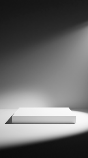 3D Illustration.Square white base on dark background. Spotlight. Background material. (Vertical)