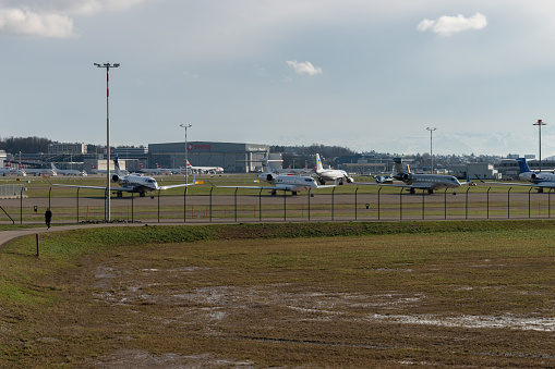 Zurich, Switzerland, January 19, 2023 Different Gulfstream aircraft are parking on the apron during the world economic forum in Davos