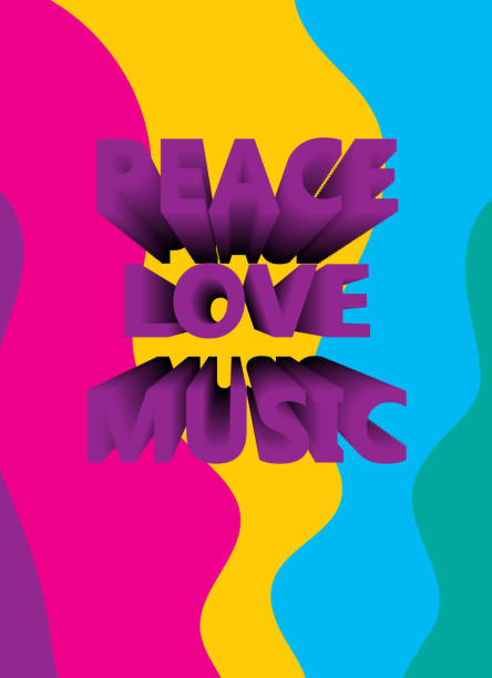 istock Love, music, peace text in retro 70s, 80s style isolated on colorful wavy background. Vector illustration 1472771986