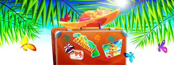 Vector illustration of Aloha Hawaii tropical holiday concept in cartoon style. Tourist's luggage with stickers and a photo in a hat with hibiscus flowers in the shade of palm trees with butterflies.