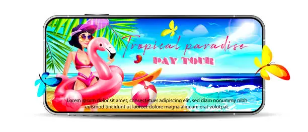 Vector illustration of Tropical vacation mobile app in cartoon style. Young female tourist with an inflatable flamingo for swimming in a summer sunny beach landscape on a mobile phone screen on a white background.