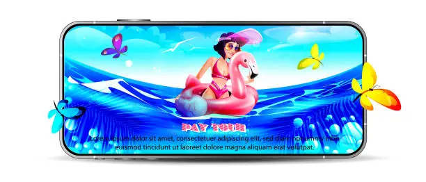 Vector illustration of Tropical vacation mobile app in cartoon style. Young female tourist with an inflatable flamingo in the water in a summer sunny beach landscape on a mobile phone screen on a white background.