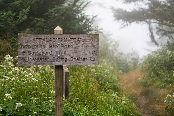 Wood sign on Appalachian Trail Mount LeConte, Newfound Gap Road, Boulevard Trail, Icewater Springs Shelter, Smoky Mountains National Park newfound gap stock pictures, royalty-free photos & images