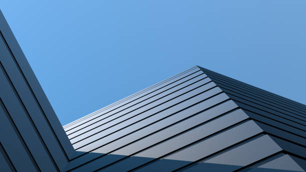 istock Corner building architectural design with reflected shadow. Building design, banner or wallpaper. 3D render. 1472784437