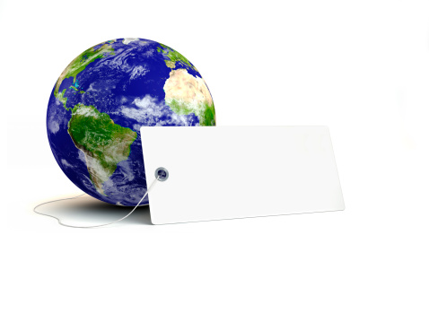 Planet earth with sale tag isolated on white background.Source: Map reference from the NASA website, which is in the public domain.