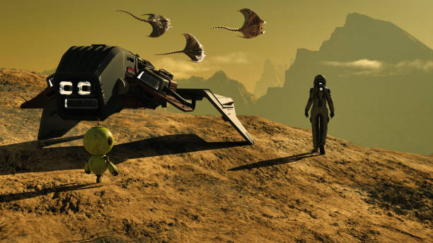 istock Space traveler with a small robot exploring a new planet and facing alien flying creatures 1472786112