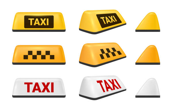 taxi yellow white sign cab passenger urban carrier service set realistic vector illustration. metropolis automobile drive transportation roof signboard front side view city public transport order - taksi stock illustrations