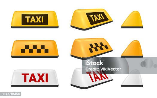istock Taxi yellow white sign cab passenger urban carrier service set realistic vector illustration. Metropolis automobile drive transportation roof signboard front side view city public transport order 1472786158