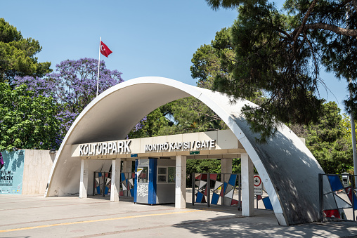 Izmir, Turkey - June 5, 2022. Montreux entrance gate to the Kultur Parki public park in Izmir, Turkey. Kultur Parki was founded in 1936 on an area of 360,000 m2 (3,900,000 sq ft), which was ruined by the great fire of Smyrna. Since then, it has been hosting the zmir International Fair.