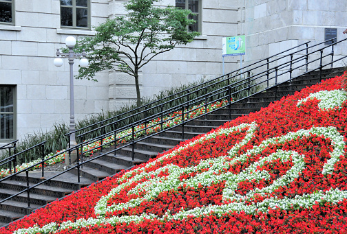 Québec City, Quebec, Canada: flowers and stairs by the Canada Post build - Old Quebec