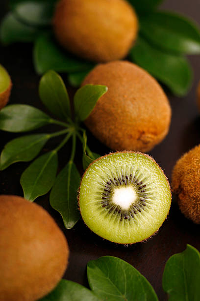 Kiwi piece on display with leaves in the background stock photo