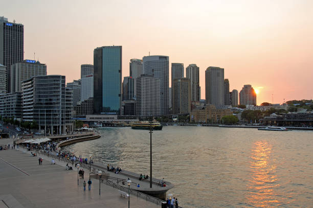 Sydney, New South Wales, Australia: Circular Quay and the city of Sydney in the evening. Circular Quay in Sydney.
