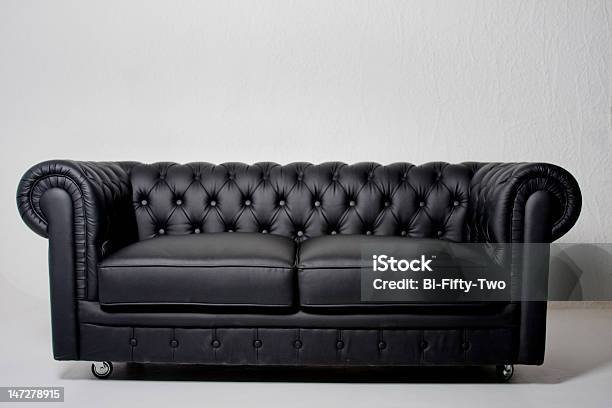 Long Black Leather Sofa On White Background Stock Photo - Download Image Now - Sofa, Leather, Black Color