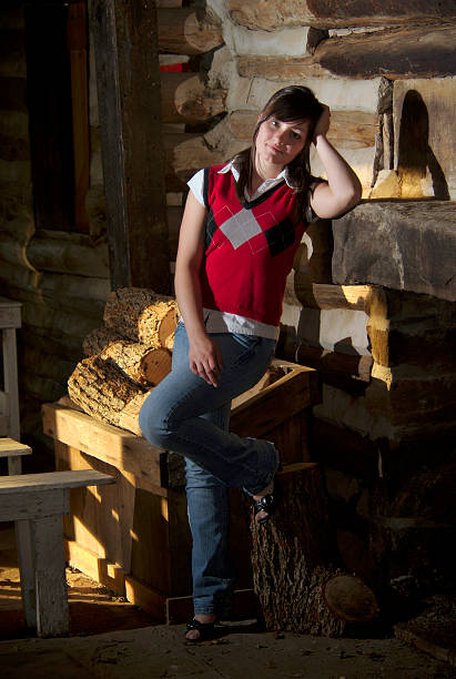 Teenager in cabin stock photo