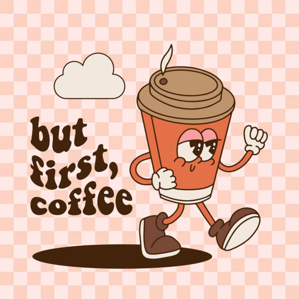 Vintage toons walking Coffee Cup Mascot with groovy text - but first, coffee. Promo banner template. Retro paper nug character in 80s contour style. Hand drawn vector illustration. Vintage toons walking Coffee Cup Mascot with groovy text - but first, coffee. Promo banner template. Retro paper nug character in 80s contour style. Hand drawn vector illustration walking animation stock illustrations