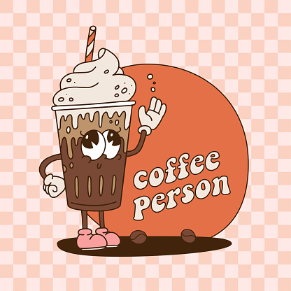 Groovy retro cartoon coffee person banner template. 70s vintage coffee mascot in plastic or glass cup with cream. Vector contour illustration. Cool funny dude in 60s nostalgic style.