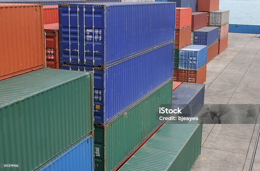Container terminal Stacks of shipping contaners at a port. Block Shape Stock Photo